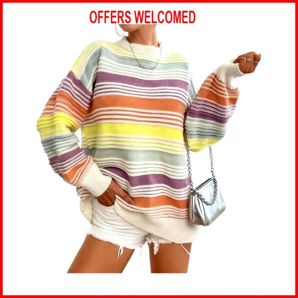 Oversized Striped Pullover Sweater, Long Sleeve Crewneck, Acrylic Knit